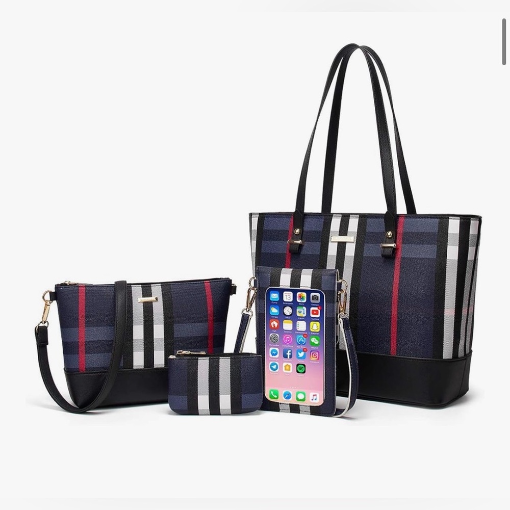 NWOT Stylish Navy and Red Plaid 6 Piece Tote Bag Set